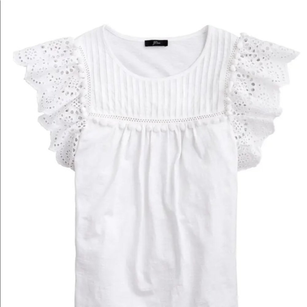 NWT J.Crew Eyelet Flutter White PomPom Shirt S